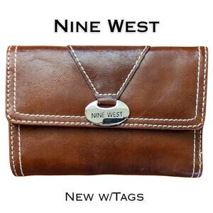 Nine West Trifold Organizer Wallet Mahogany Brown Faux Leather Silver Logo NEW